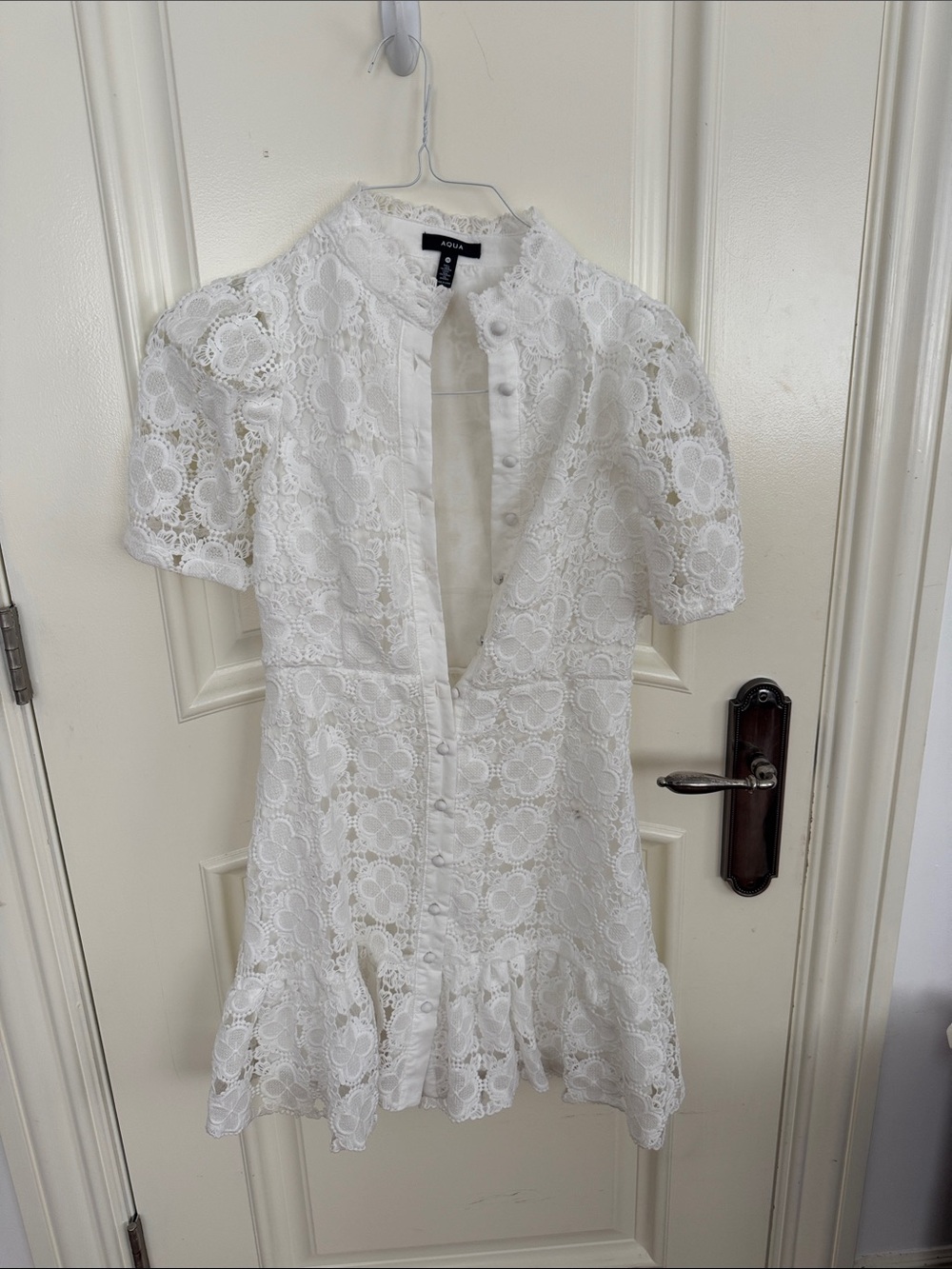 Aqua White Lace Button-Front Mini Dress with Ruffle Hem